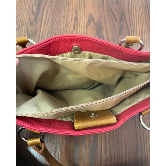 Red Purse Brown Straps Satchel Hand Bag Braided accents Pockets - Picture 7 of 8